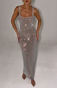 Louise - Stylish Shimmer Silver Maxi Dress